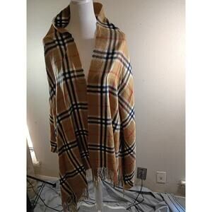 Pashmina Scarf Wrap 100% Lambswool Beige Plaid Fringe Preppy Classic